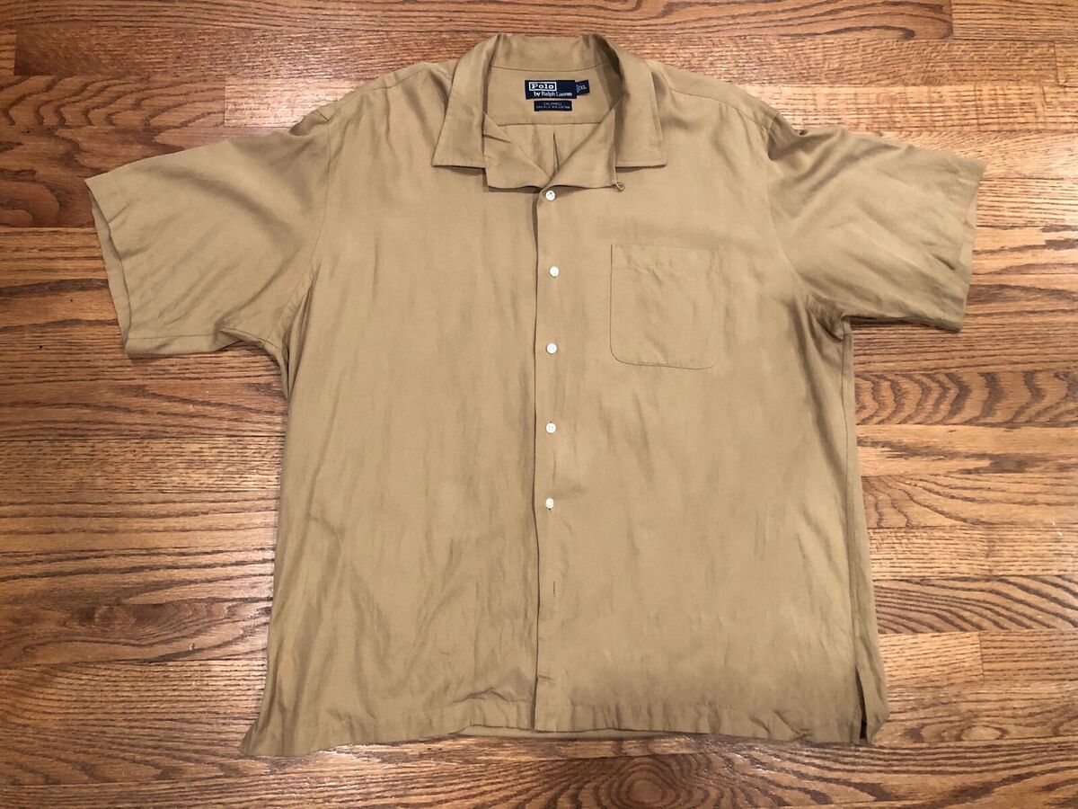 Vintage 90s Polo Ralph Lauren Caldwell Button Up Silk Linen Brown Shirt  RARE! XL