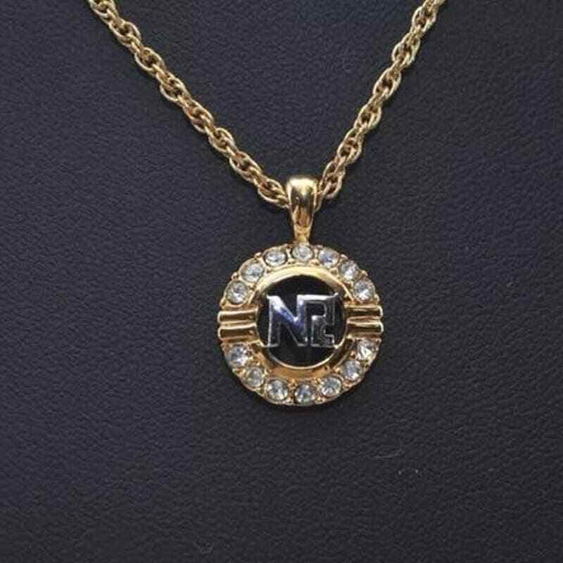 NINA RICCI Vintage Gold Tone Rhinestone Pendant Necklace Stamped