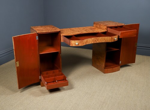 Antique English Art Deco Burr Walnut Pedestal Sideboard Credenza Server Cabinet - Picture 16 of 24