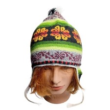 Unisex Ski Hat Winter Beanie Warm Handmade Floral Pom Pom One Size