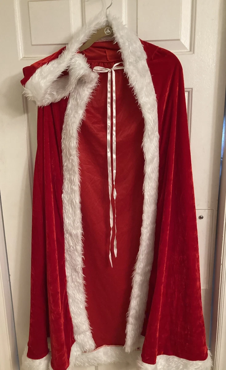 Red Velvet Cape Hood White Fur Trim Long Length Tie Front Xmas Caroler  Costume