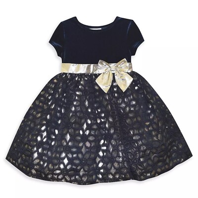 Toddler Girl Blueberi Boulevard Short Sleeve Silver Bow Dress, 24 Months/2T