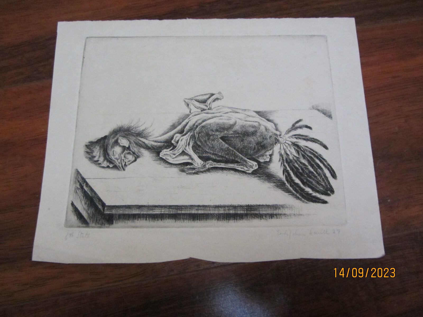 ERIK JOHAN SMITH ARTIST SIGNED ENGRAVING PLUCKED CHICKEN 6TH STATE DATED 1927