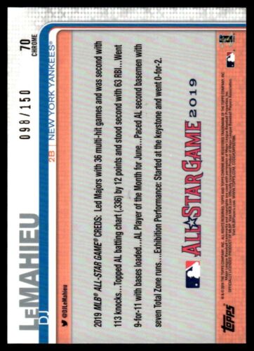 2019 Topps Chrome Baseball Card DJ LeMahieu 098/150 New York Yankees #70 - Picture 2 of 2