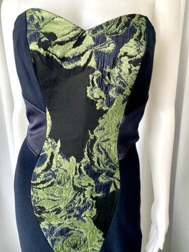 Vestido Sirena THEIA Floral Metálico Jacquard Sin Tirantes Azul Marino Talla 6 - Imagen 3 de 9