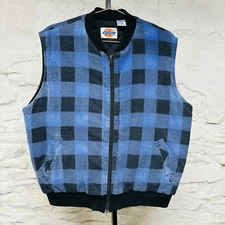 Dickies Flannel Blue Black Plaid Lumberjack Quilted Lined Vest Work Vintage 90s