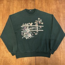 Vintage 90s Morning Sun Squirrel Nature Crewneck Sweatshirt Large Granny Green
