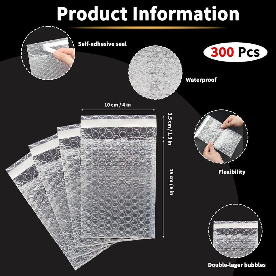 300 Шт. 4 «X 6» прозрачный самозапечатывающийся пузырьковая упаковка мешочки, 300шт-4 X 6, - Изображение 2 из 4