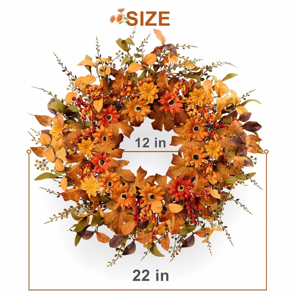 Artificial Fall Wreath 22 Inch Fall Wreaths for Front Door with Orange Berrie... - Image 3 of 4