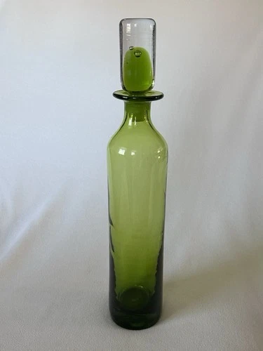 Blenko 7119 Decanter Olive Green Hand Blown Art Glass w/ Bubble Stopper MCM