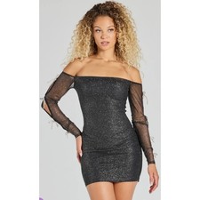 Windsor S black silver metallic whimsigoth glam party bow sheer mini dress