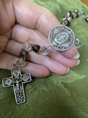 Vintage Antique 800 Silver Filigree Rosary W Aurora Brown Crystal Beads