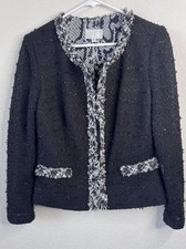 Alberto Makali Textured Tweed Jacket Blazer Black Frayed Trim Beaded Sz 10 Artsy