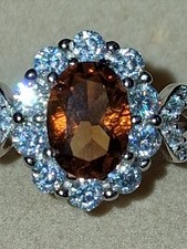 Citrine 7x5mm  Simulated CZ's, 14K White Gold Plate Sterling Silver 925, Sz 7.5