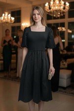 Elie Tahari Black Midi Dress Puff Sleeve Pockets Medium Pullover Stretch Bodice