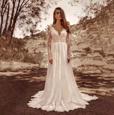 Vintage V-neck A-line Long Sleeves France Wedding Dress Lace Open Back Outdoor