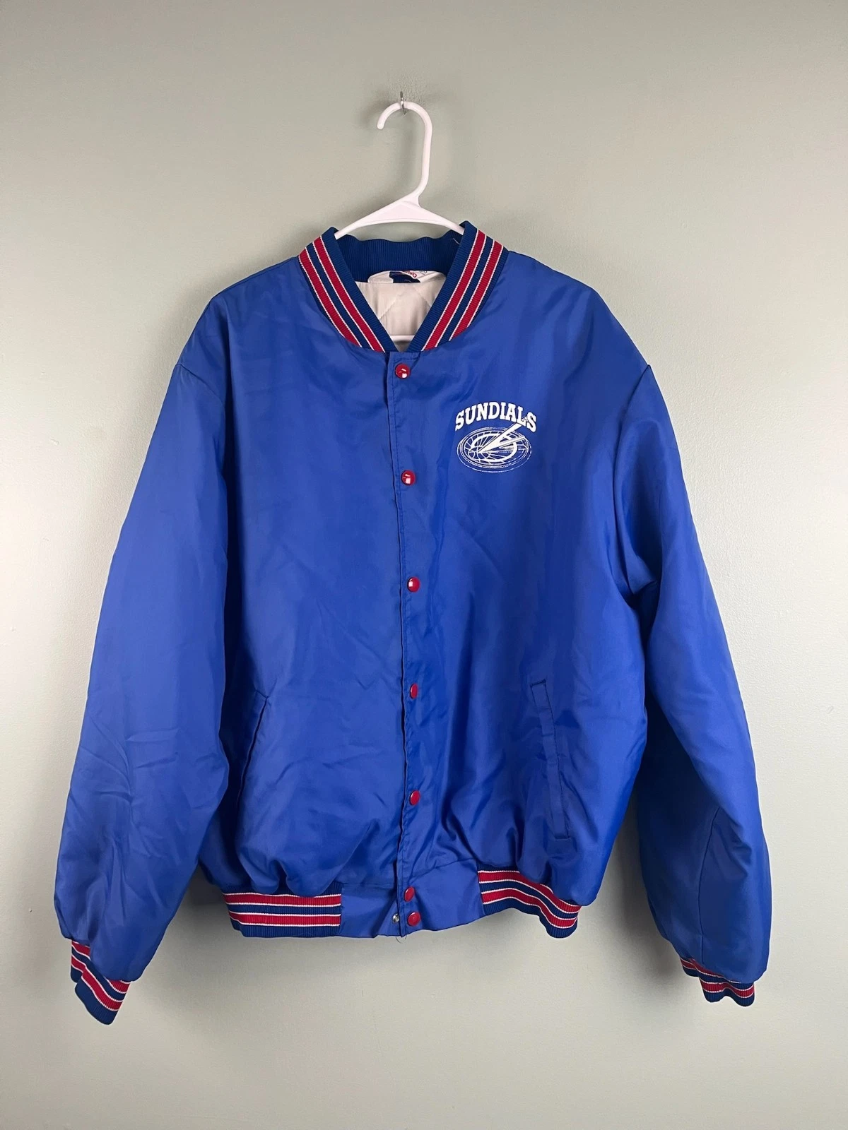 Vintage Rennoc Satin Blue & Red Bomber Jacket XL "Sundials" Wayne Snap Quilted