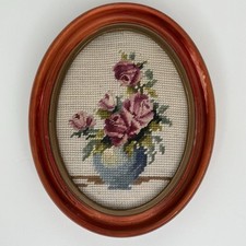 Vintage Framed Floral Needlepoint Roses Oval Faux Wood Frame Cottage Decor