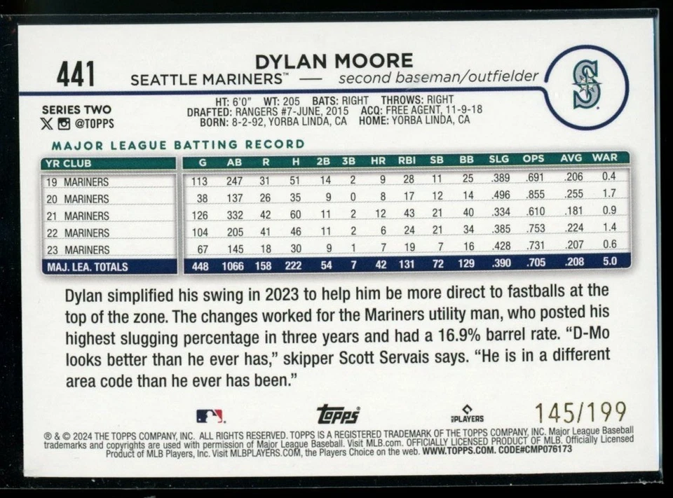 2024 Topps /199 #441 Dylan Moore Red Crackle Foil Seattle Mariners - Image 2 of 2