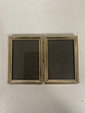 VTG Hinged Double Metal Picture Frame Ornate Art Deco Gold/Brass For 2” x 3”
