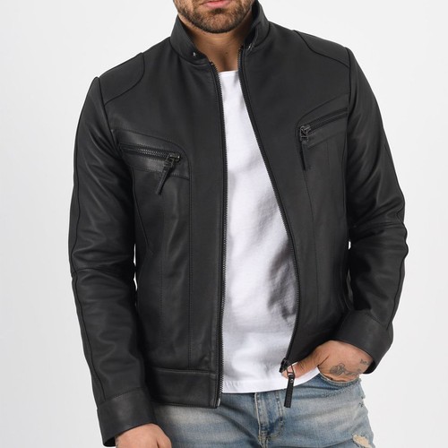 Men's Genuine Lambskin Leather Moto Jacket Black Stand Collar Biker Motorcycle - Afbeelding 5 van 6