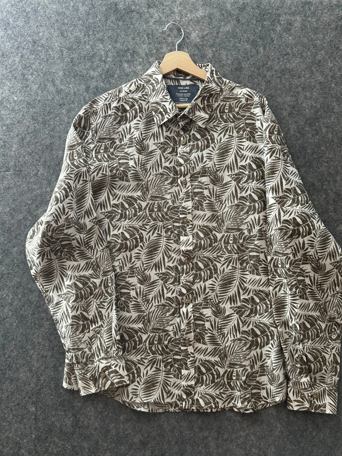 Free Line Athens Mens XL Shirt Khaki & White Luxury Tropical Linen Long Sleeve
