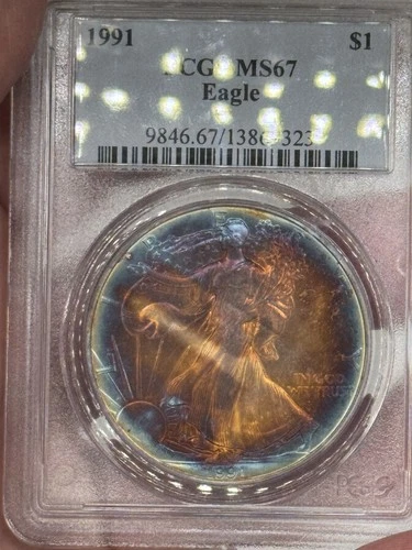 1991 AMERICAN SILVER EAGLE PCGS MS67 MONSTER  RAINBOW TONED "RARE COIN"