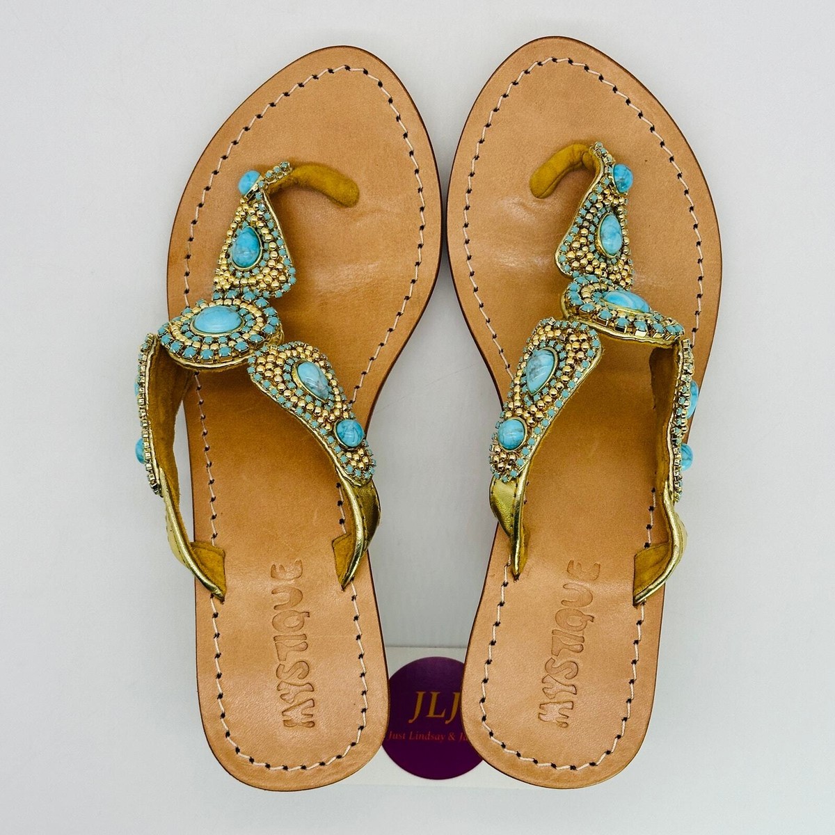 Mystique Women's Hand Crafted Turquoise Jeweled Wedge Thong