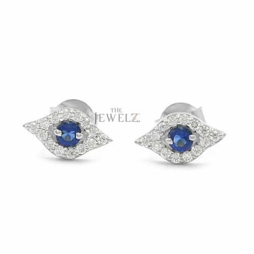14K Gold VS/F-G Diamond And Blue Sapphire Evil Eye Earrings - The Jewelz - Picture 3 of 3