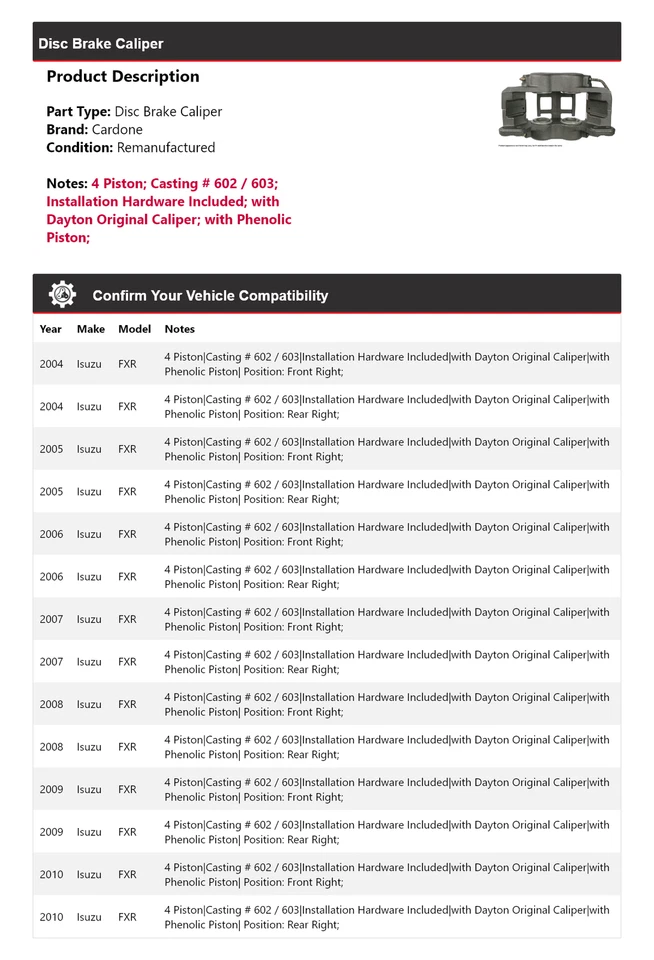 For 2004-2010 Isuzu FXR Disc Brake Caliper Cardone 2005 2006 2007 2008 2009 - Image 2 of 4