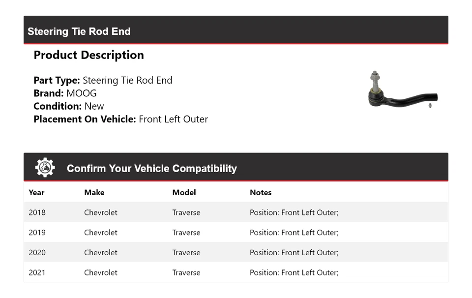 Para Chevrolet Traverse 2018-2021 extremo de barra de dirección delantera izquierda exterior MOOG 2018 Foto 2 de 4