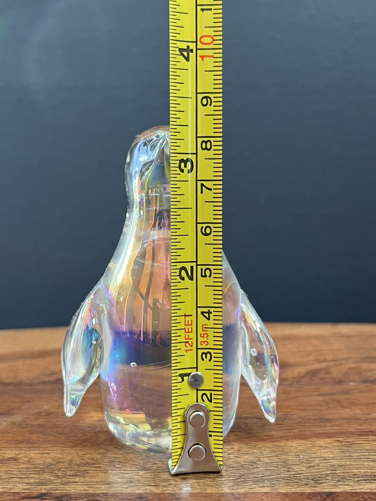 Art Glass Clear Iridescent Penguin Figurine 3 1/4”and Glows Under Black