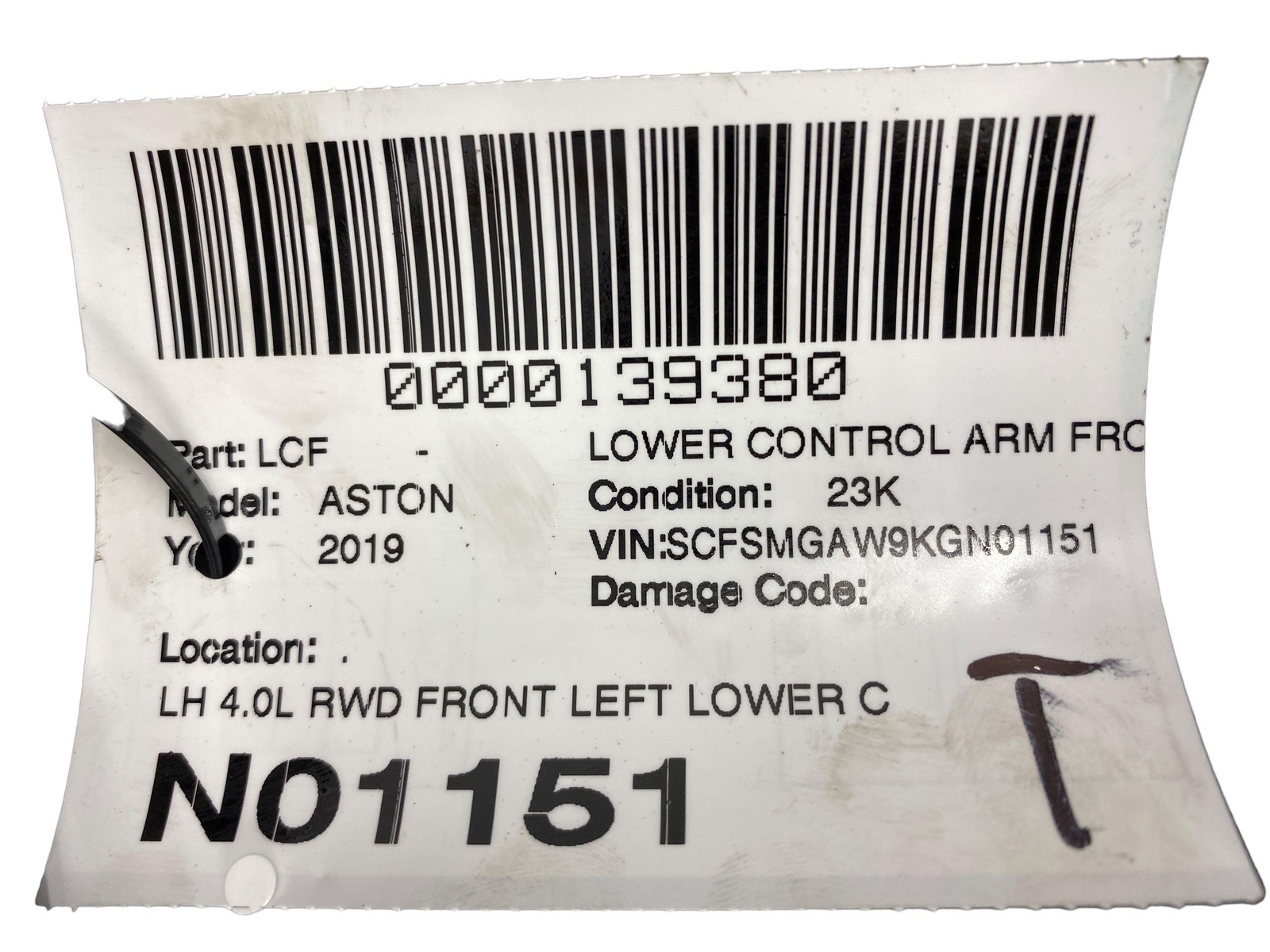 2019 ASTON MARTIN VANTAGE OEM 4.0L RWD FRONT LEFT LOWER CONTROL ARM *23K MILES*