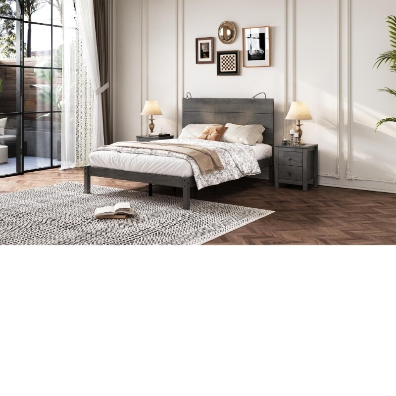 3Pieces Bedroom Sets, Full Size Farmhouse Platform Bed with Two