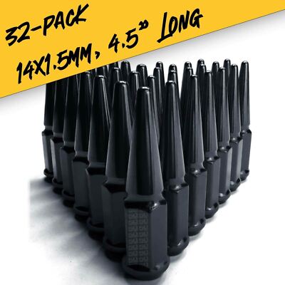 Set of 32 Hardened Black Steel Spike Lug Nuts 14x1.5mm Fits Chevy 8 Lug Vehicles