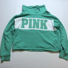 Victoria Secret PINK Green White Logo Crop Funnel Neck Sweatshirt Sz S A269