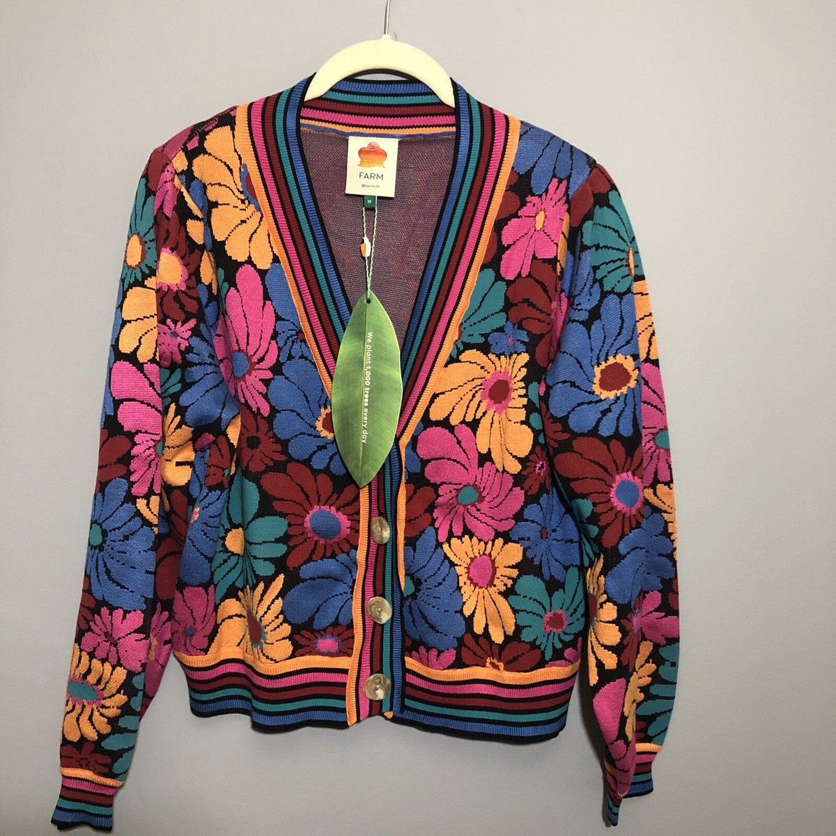 Farm Rio Sunny Daisies Knit Cardigan Sweater M Colorful Floral NWT