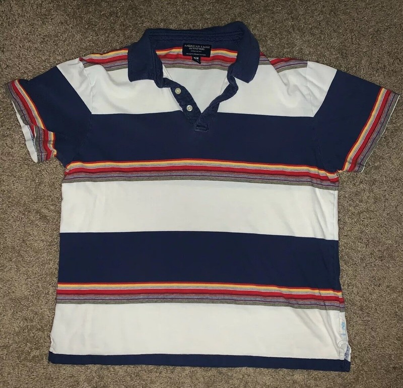 American Eagle Outfitters White And Blue Striped Mens Polo Shirt Size M