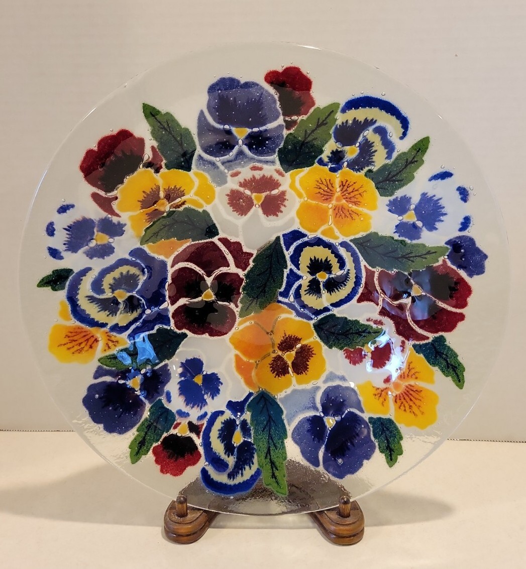 Peggy Karr Fused Art Glass Bowl Pansy Pansies Floral Flowers