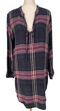 CLOTH & STONE women size XL Plaid tunic Shirt Dress v-neck purple pullover gauze