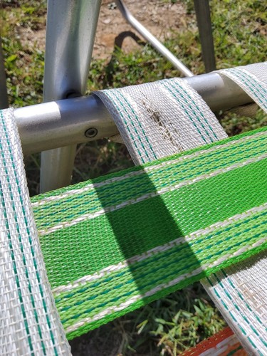 Vintage 1970s Adult Webbed Aluminum Folding Lawn Chairs Yellow Orange Green Blue - Picture 3 of 13