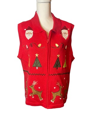 Bechamel Woman Embroidered Red Zip-Up Christmas Sweater Vest XL Collared Vintage