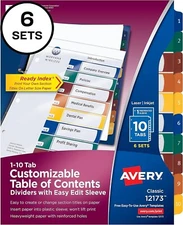 Avery 12173 Ready Index Customizable Table of Contents 10 Tab Letter Size 6 Sets