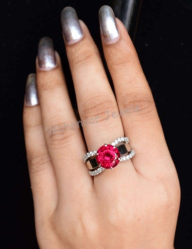 925 Sterling Silver Ring Red Ruby & Diamond Bypass Band Wedding Ring Certified - Picture 3 of 11