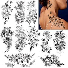 10 Sheets Black Flower Butterfly Temporary Tattoos for Women Adults Large