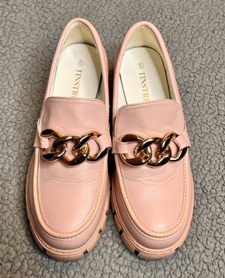 Tinstree Platform Loafers Women with Chain Comfort Chunky Heel Slip Pink Size 6