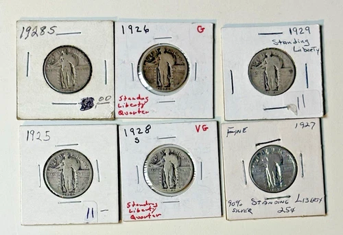 Lot of (6) U.S. Silver Standing Liberty Quarters  1925, 1926, 1927, 2-1928 ,1929
