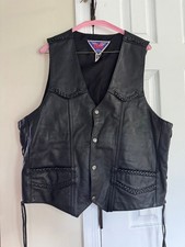 MOB Vintage Black Large Leather Vest Motorcycle Vest Braided Details Snap Button