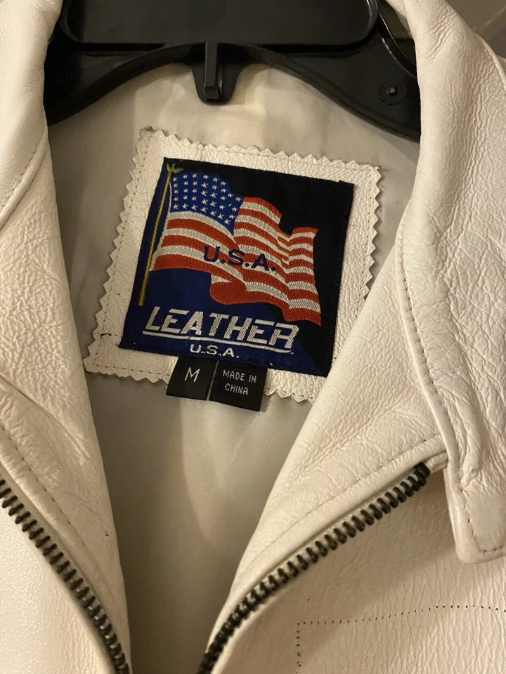 Jaqueta de couro genuína vintage EUA branca tamanho médio - Imagem 2 de 4