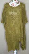 B &K Moda Tunic Distressed O/S Open Weave Knitted Green Asymmetric Lagenlook